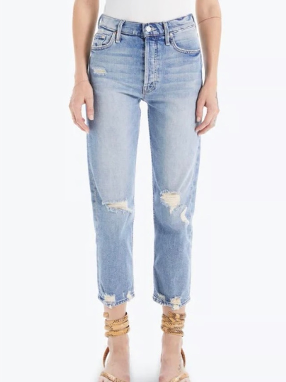 MOTHER Light Blue Distressed Ankle Cropped Jeans